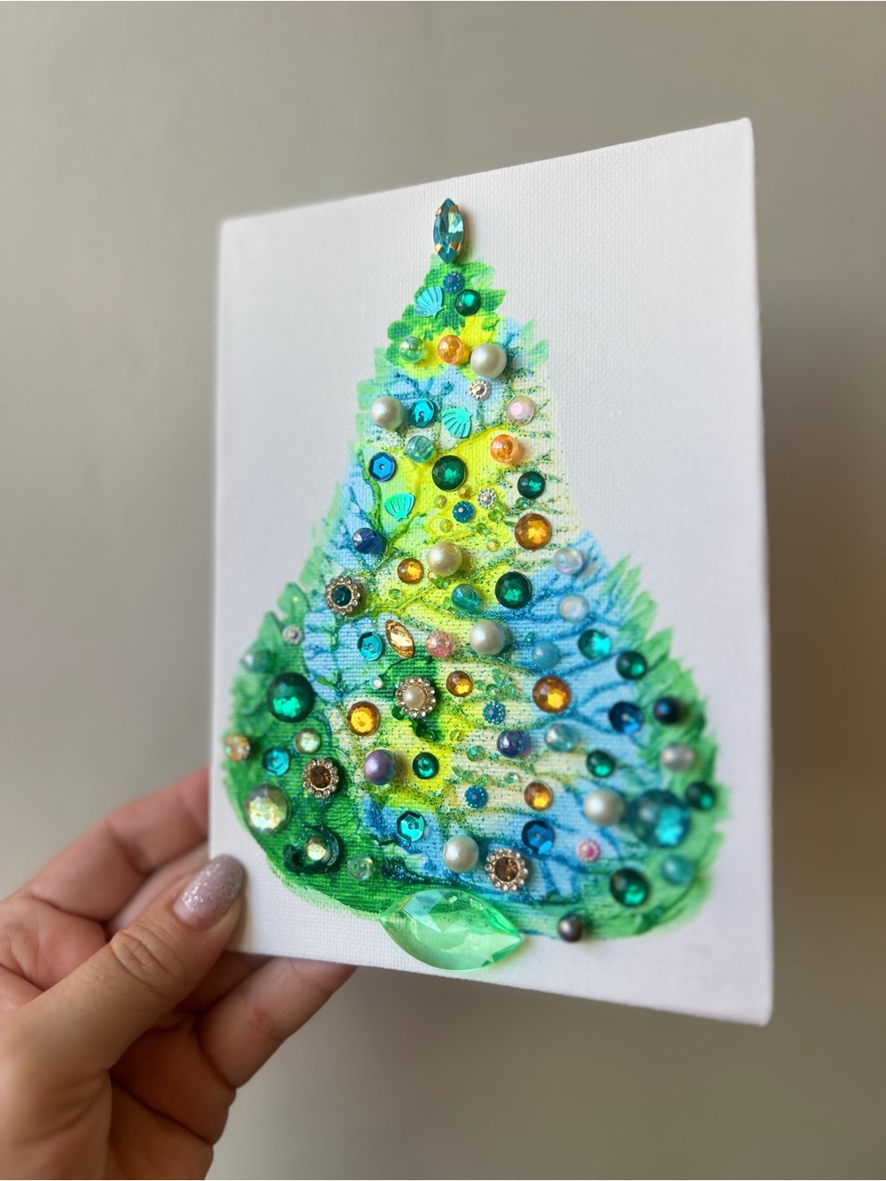 Handmade Blue & Green Jeweled Christmas Tree – 5x7 Original painting - Picture 3 of 8